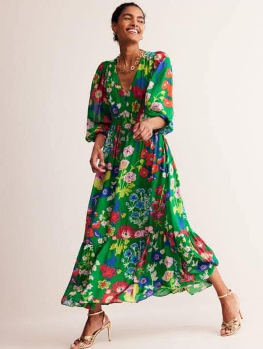 Boden Green Floral Puffed-sleeve Maxi Dress - Size 14R